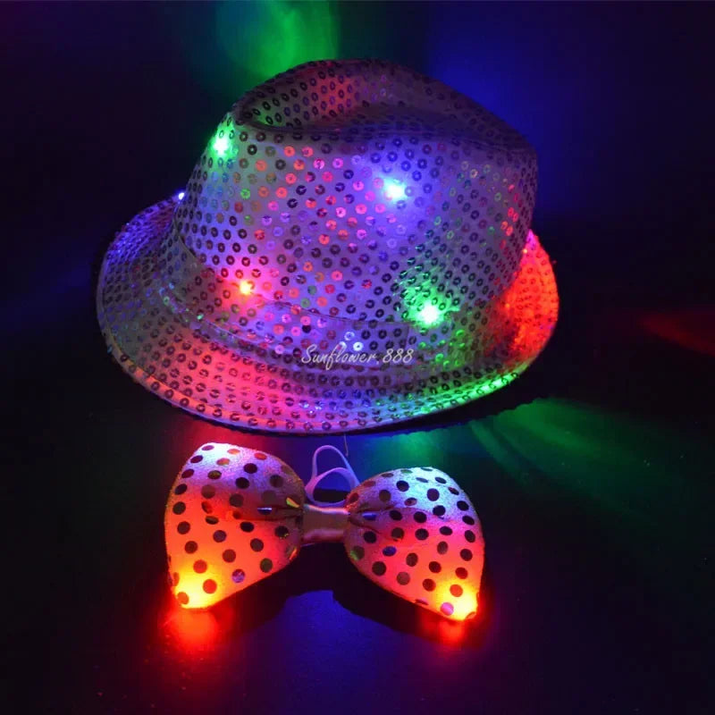 Woman Men Kids LED Light Up Sequin Fedora Jazz Hat Cap Gift Necktie Tie Neon Glow Party Bar Birthday Costume Wedding Festival
