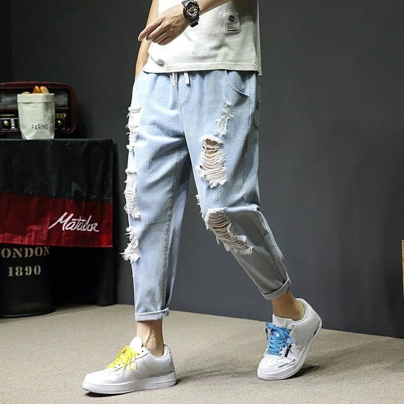 Male Cowboy Pants Oversize Summer Cropped Ripped Men's Jeans with Holes Broken Torn Plus Big Size Trousers Korean Fashion Cheap