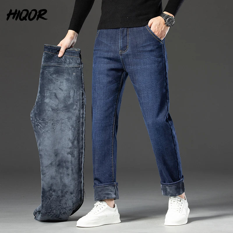 HIQOR Winter Fleece Thick Jeans Men Business Casual Straight Trousers Male Classic Blue Black Jeans For Men Work Denim Man Pants