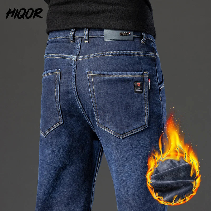 HIQOR Winter Fleece Thick Jeans Men Business Casual Straight Trousers Male Classic Blue Black Jeans For Men Work Denim Man Pants