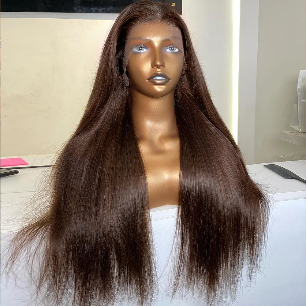 250 Density Chocolate Brown 30 Inch Bone Straight Lace Front Human Hair Wig Glueless Wig 13x6 Transparent HD Lace Frontal Wigs