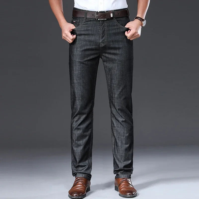 TFETTERS 2025 Summer Pants Men Jeans New Thin Soft Breathable Mid Straight Regular Black Jeans Trousers Work Vintage Men Jeans