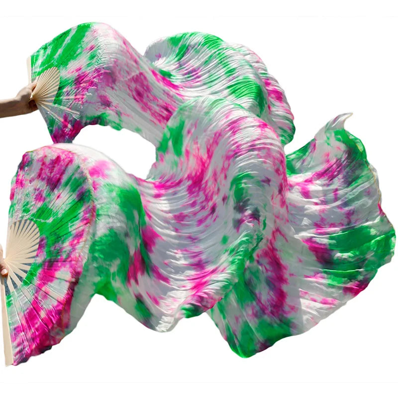 Real Silk Belly Dance 1PC/1pair Veil Fans High Quality Bamboo Handmade Dyed Tie Dye Belly Danc Performance Natural Silk Fans