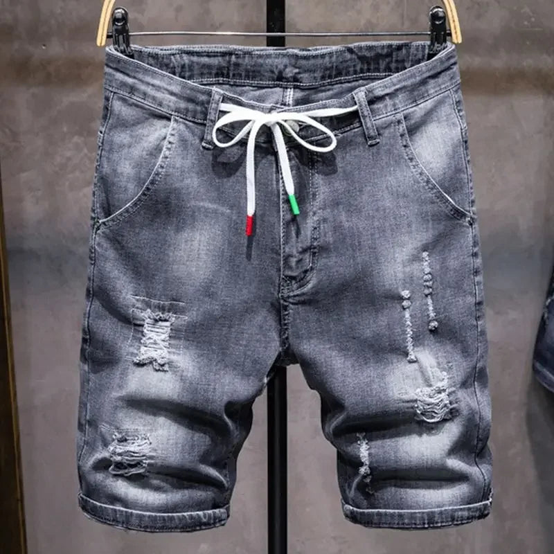 Gray Drawstring Men's Short Jeans Pants Oversize Male Denim Shorts Big Size Stretchable Wih Zipper New in Harajuku Vintage Rude