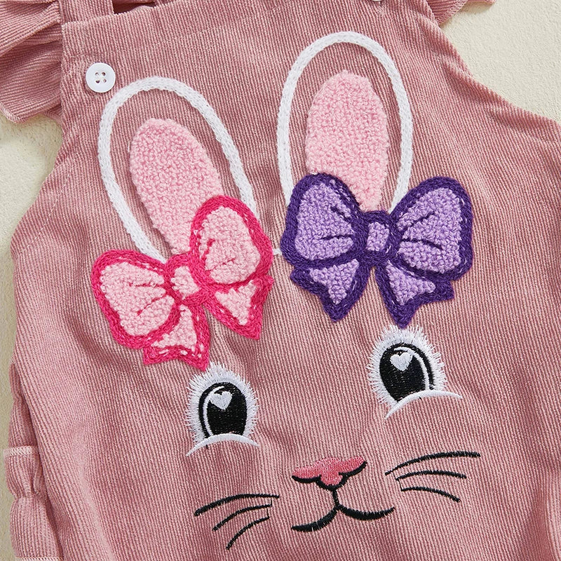 Adorable Toddler Girls Easter Outfit Set with Bunny Embroidery Ruffle Sleeves Romper Headband and Matching Shoes