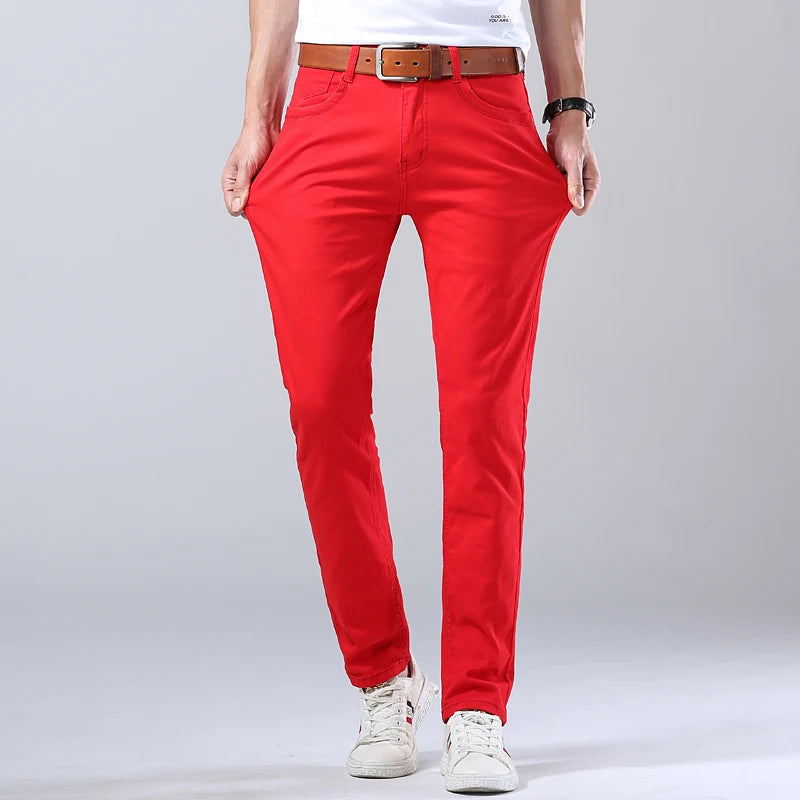 Classic Style Men's Jeans Fashion Business Casual Pants Straight Slim Denim Stretch Trousers Blue Red Yellow Male Brand Pants