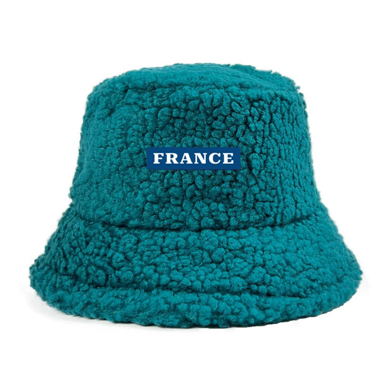 Custom Logo Text France Lamb Faux Fur bob Bucket Hat Winter Warm Velvet Hat For Women Lady Outdoor men Panama Fisherman VEST Hat