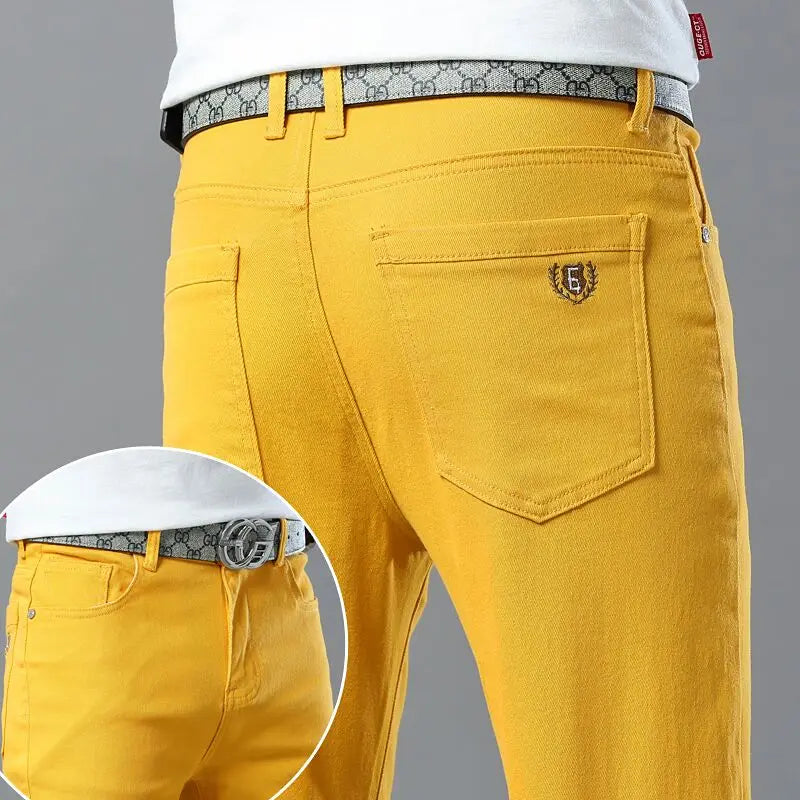 Men's Colorful Denim Stretch Comfortable Jeans New Elastic Yellow Pink Red Slim Male Clothing Simple Business Denim Trousers