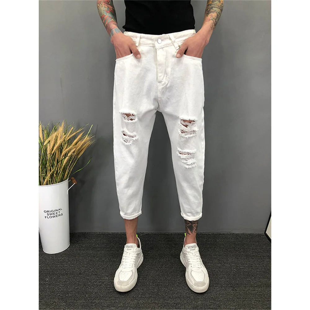 Japanese Trend New Men's Ripped Hole Jeans White Green Black Ankle Length Youth Fashion Loose Denim Harem Cargo Pants