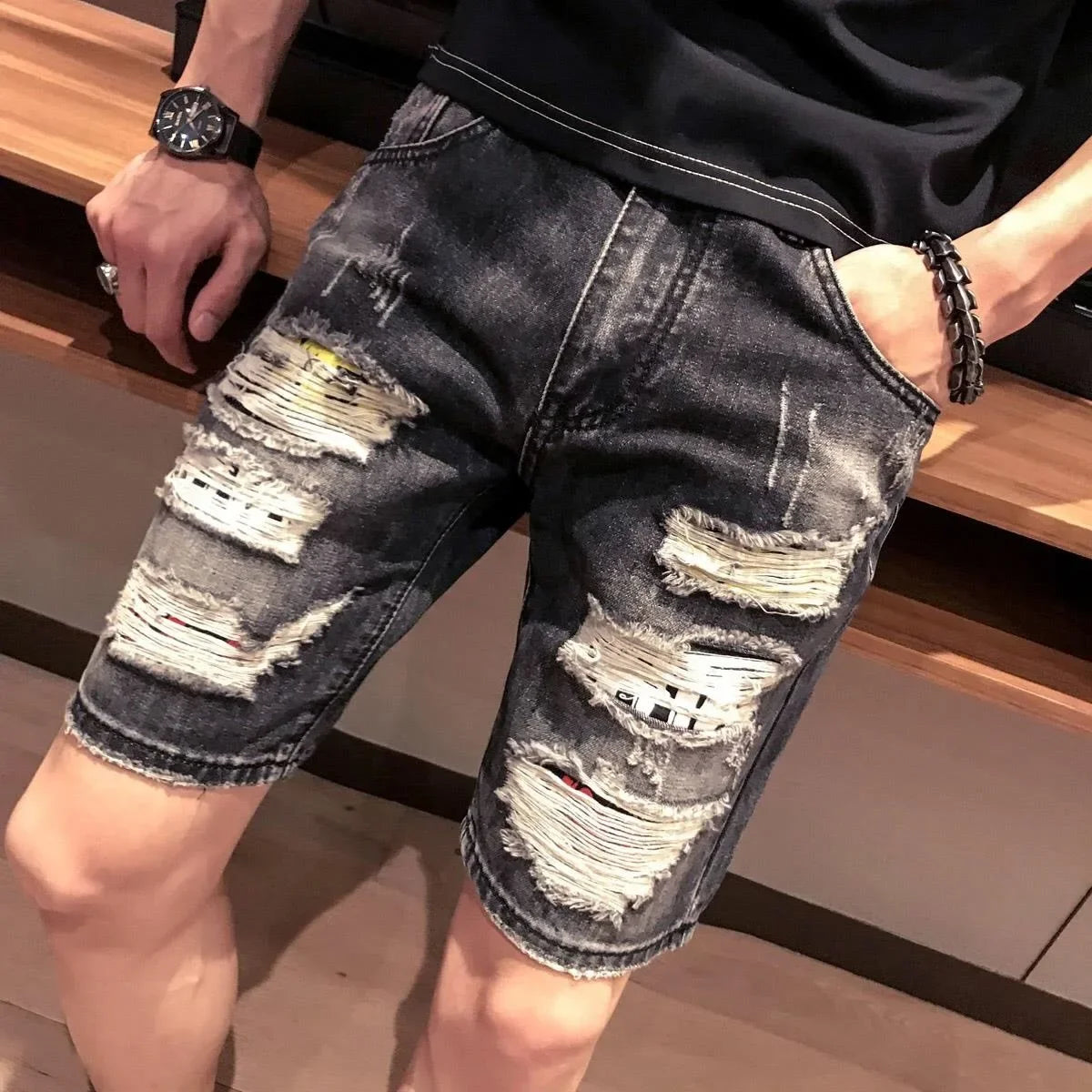 Man Denim Shorts with Text Straight Ripped Camouflage Short Jeans Pants for Men Original Thin Korean Fashion Cut Popular Summer