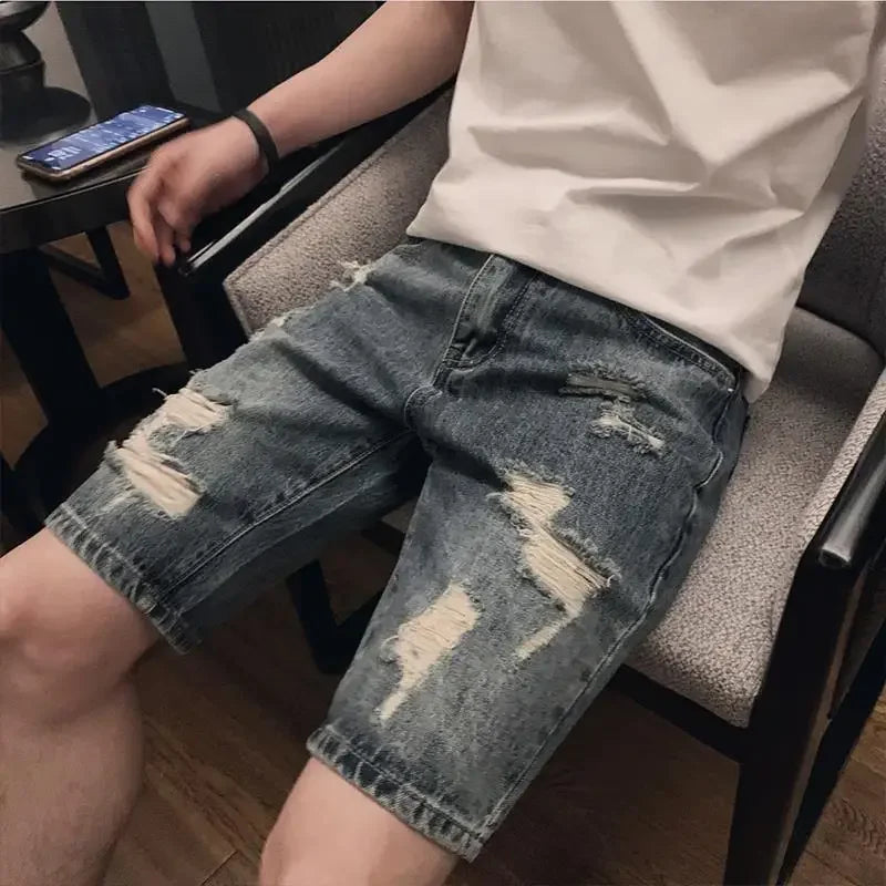 Man Denim Shorts Ripped Straight Trend 2024 Short Jeans Pants for Men New in Popular Xl Blue Y2k Fashion Cowboy Original Sale