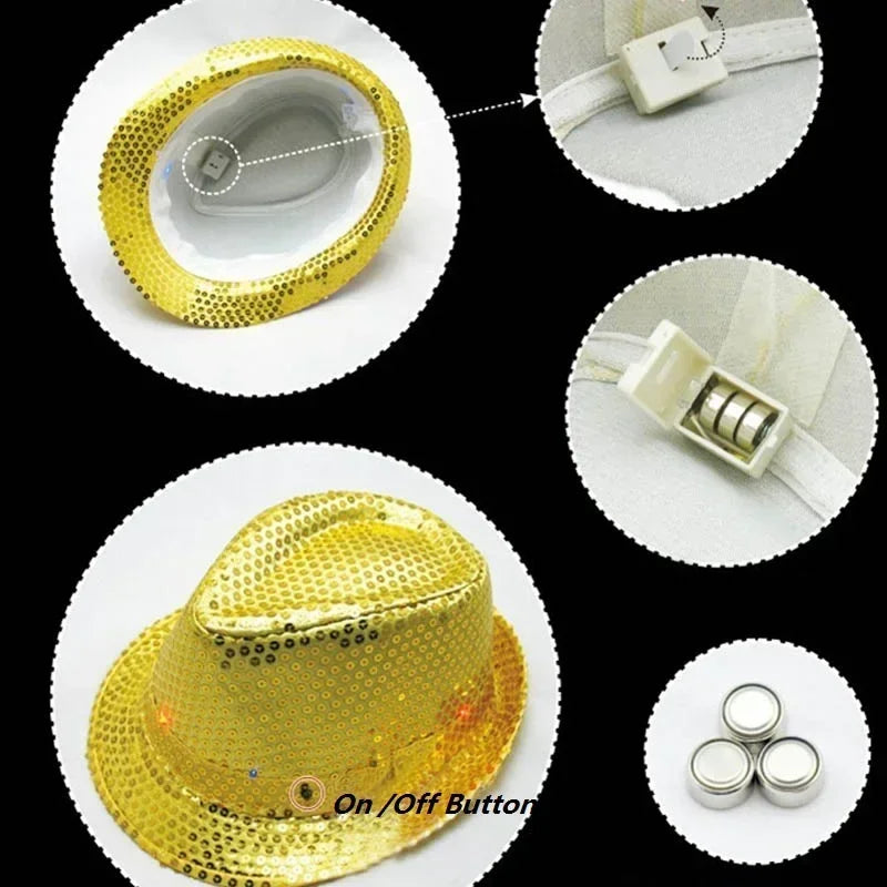 Woman Men Kids LED Light Up Sequin Fedora Jazz Hat Cap Gift Necktie Tie Neon Glow Party Bar Birthday Costume Wedding Festival