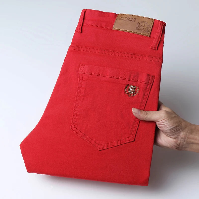 Men's Casual Stretch Slim New Jeans Solid color Business Fashion Casual Jeans Korean Straight Yellow Pink Red Male Clothing