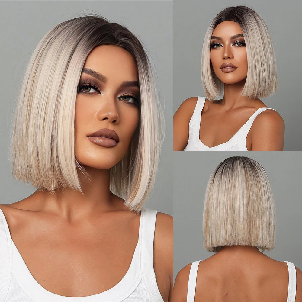 Short Wine Red Synthetic Wigs Straight Hair Wig with Bangs Bob Hair for Black Women Afro Cosplay Party Heat Resistant Wigs