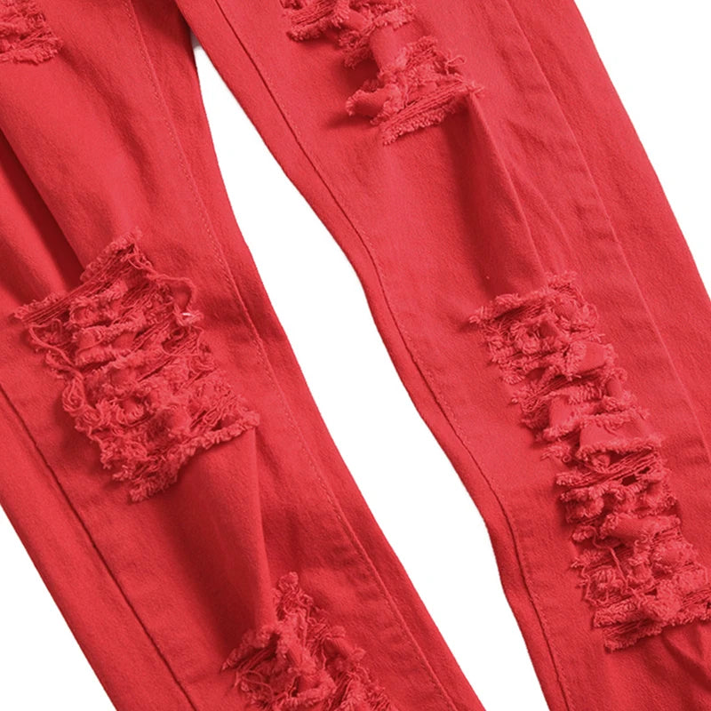 Men's Red White Black Color Fashion Jeans Slim Stretch Pencil Denim Pants Hole Casual Classic Trousers Versatile Brand Big Size