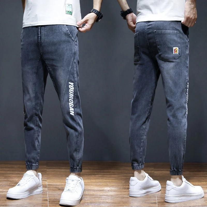 Men's Jeans With Print Tapered Male Cowboy Pants Spring Autumn Black Cropped Soft Trousers Stacked Youthful Emo Cheap Regular