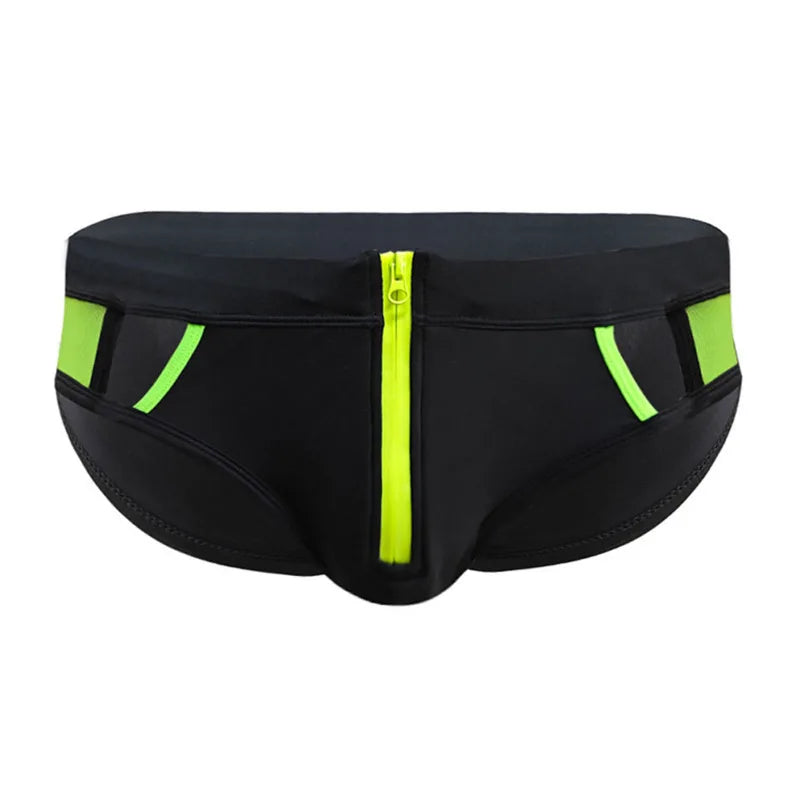 Front Zipper Triangle Swimsuit Print Swim Trunks Low Waist Swimwear Men Sexy Boxers Running Sports Briefs Beachwear Swim Trunks