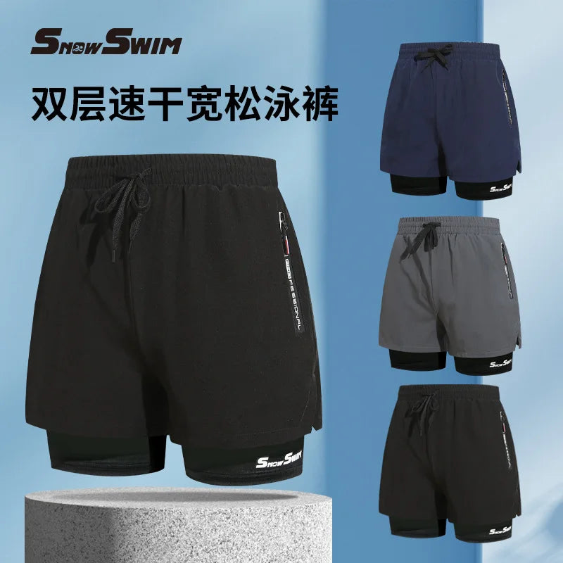 Men's Double-layer Swim Trunks Flat Angle Adult Quick-drying Anti-embarrassment Swim Trunks Beach Pants Spa Swimming Kit