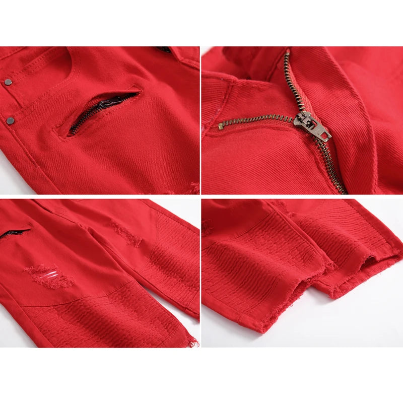 2024 Summer New Men's Jeans Shorts, Pleats and Holes Decorated Shorts, Men Blue White Black Blue Red Denim Shorts
