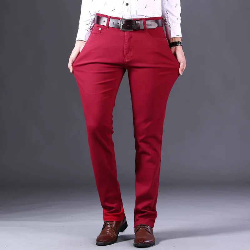 2023 New Autumn Wine Red Jeans Men Fashion Casual Classic Style Business Straight Fit Soft Trousers Male Advanced Pants
