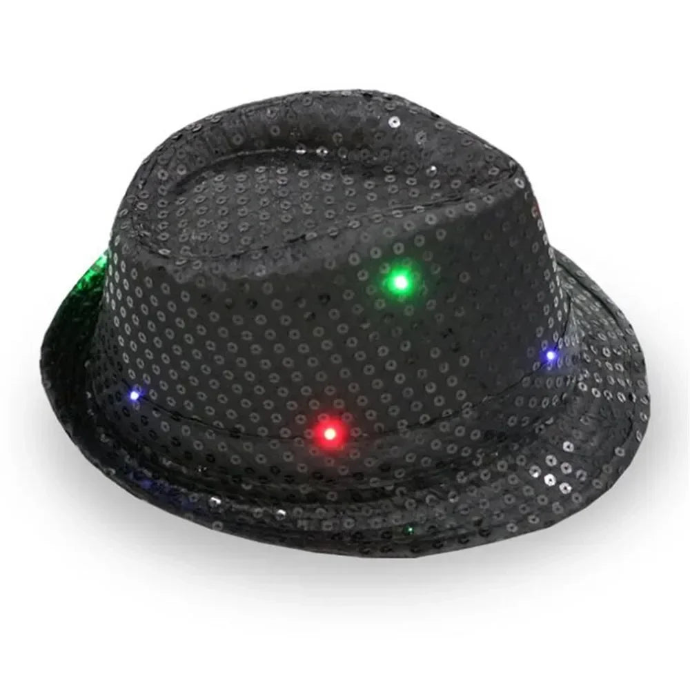 Woman Men Kids LED Light Up Sequin Fedora Jazz Hat Cap Gift Necktie Tie Neon Glow Party Bar Birthday Costume Wedding Festival
