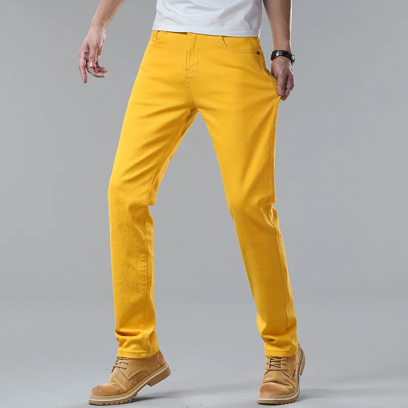 Denim Jeans Men Yellow Pink Solid Color Party Hip Hop Brand Trendy Men Handsome Denim Jeans Straight Slim Casual Pants Red