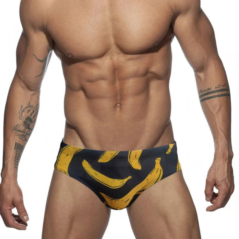 Front Zipper Triangle Swimsuit Print Swim Trunks Low Waist Swimwear Men Sexy Boxers Running Sports Briefs Beachwear Swim Trunks