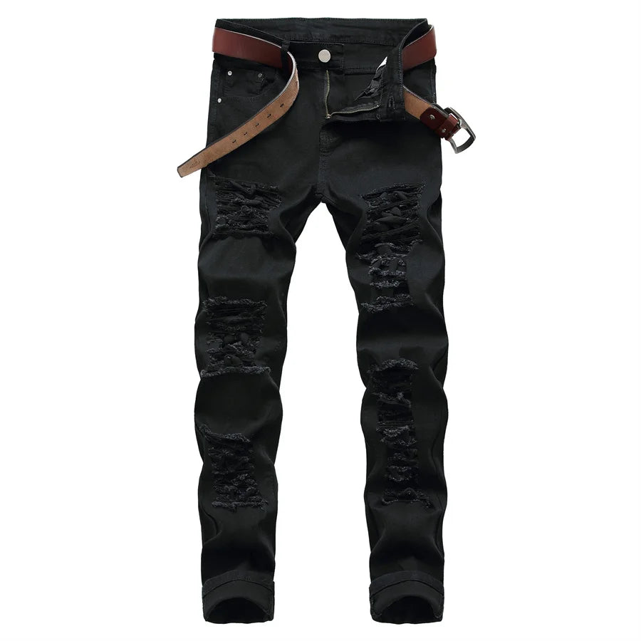 2025 New Men's Casual Jeans Trendy Red Hip Hop Holes Slim Denim Pants Ripped Trousers Versatile Stretch Distressed Pants Male
