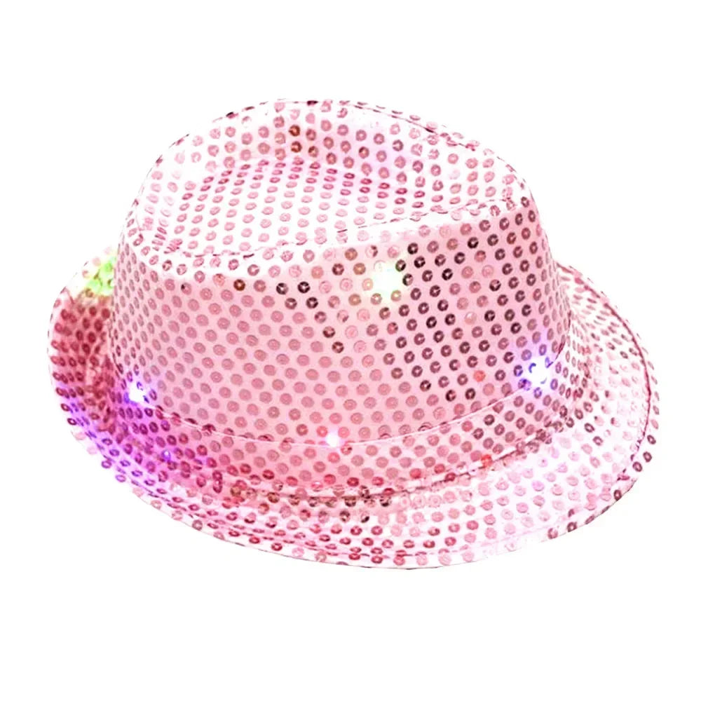 Woman Men Kids LED Light Up Sequin Fedora Jazz Hat Cap Gift Necktie Tie Neon Glow Party Bar Birthday Costume Wedding Festival