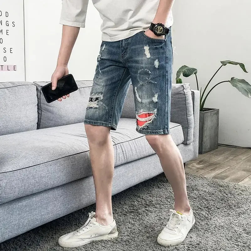 Man Denim Shorts Ripped Straight Trend 2024 Short Jeans Pants for Men New in Popular Xl Blue Y2k Fashion Cowboy Original Sale