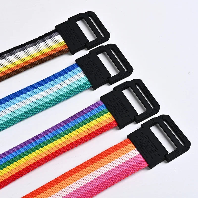 Unisex Canvas Belt Men Stripe Rainbow Metal Double Ring Buckle Jeans Student - Belt Designer Belt for Women
