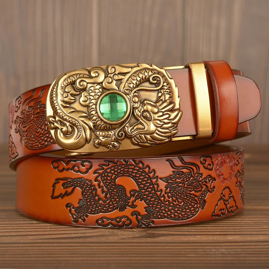Men's Dragon Pattern Jewel Belt Coskin Leather Belt Men's Carved Dragon Pattern Automatic Buckle Belt Jeans New Designer Belt