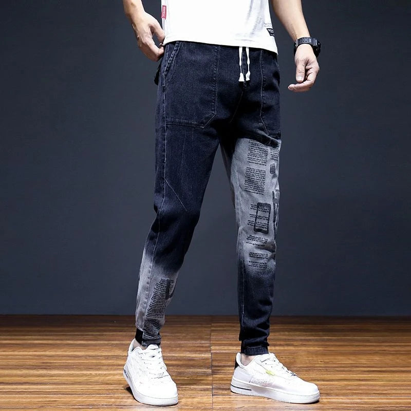 Men's Jeans With Print Tapered Male Cowboy Pants Spring Autumn Black Cropped Soft Trousers Stacked Youthful Emo Cheap Regular