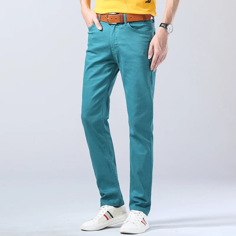 Classic Style Men's Jeans Fashion Business Casual Pants Straight Slim Denim Stretch Trousers Blue Red Yellow Male Brand Pants