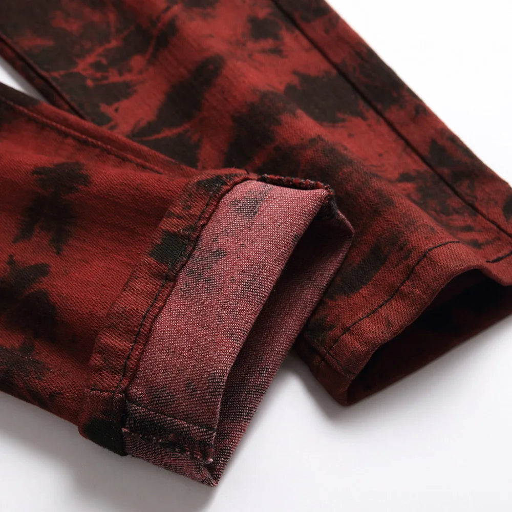 Men Tie and Dye Stretch Denim Jeans Brick Red Slim Straight Pants Streetwear Trousers