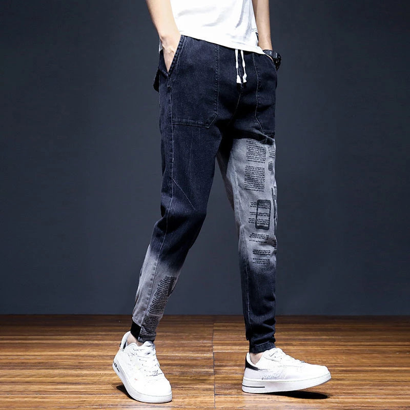 Men's Jeans With Print Tapered Male Cowboy Pants Spring Autumn Black Cropped Soft Trousers Stacked Youthful Emo Cheap Regular
