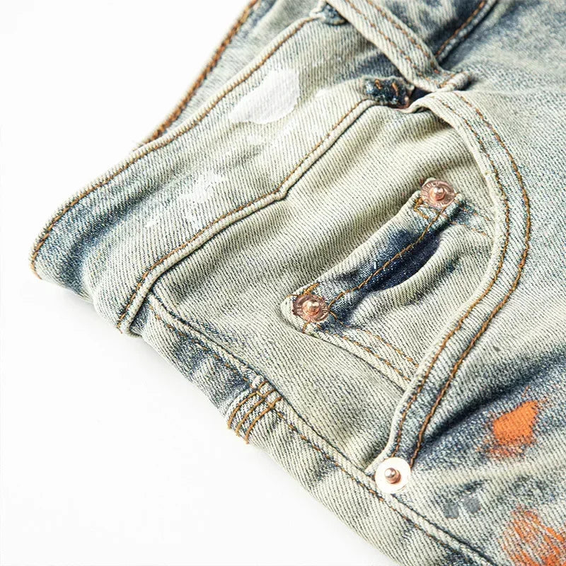 Retro Men's Jeans with American High Street Style and Purple Ripped Holes