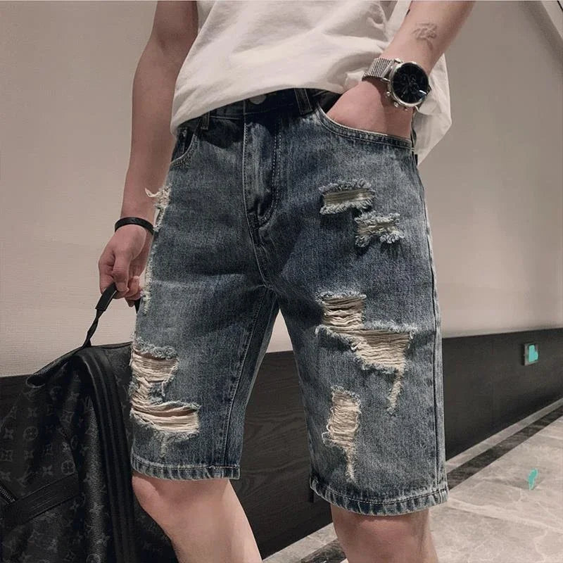 Man Denim Shorts Ripped Straight Trend 2024 Short Jeans Pants for Men New in Popular Xl Blue Y2k Fashion Cowboy Original Sale