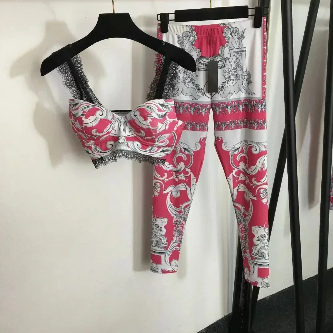 Luxury Design Women's Two-Piece Swimsuits Crocodile Pattern Crown Print Strap Tank Tops Fashion Brand Women's Yoga Sports Sets