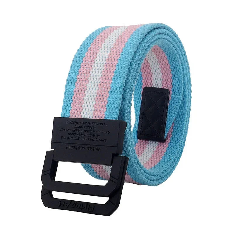 Unisex Canvas Belt Men Stripe Rainbow Metal Double Ring Buckle Jeans Student - Belt Designer Belt for Women