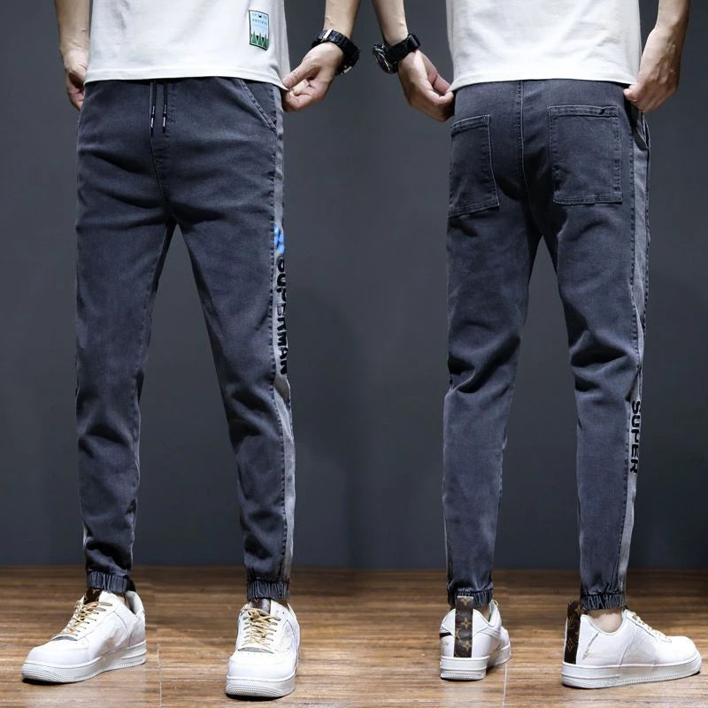 Men's Jeans With Print Tapered Male Cowboy Pants Spring Autumn Black Cropped Soft Trousers Stacked Youthful Emo Cheap Regular