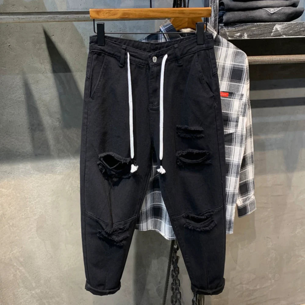 2023 Streetwear Fashion Black Ripped Skinny Jeans Men Slim Hip Hop Denim Trousers New Spring Casual Jeans for Men Jogging
