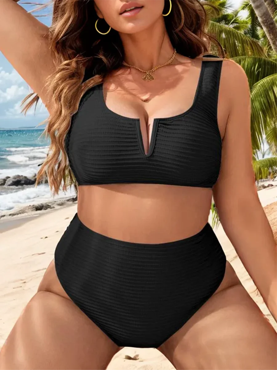 2025 Large Plus Size Solid V Neck Bikini Two Piece High Waist Swimsuit Women Swimwear Female Bathing Suit Beachwear Swimming