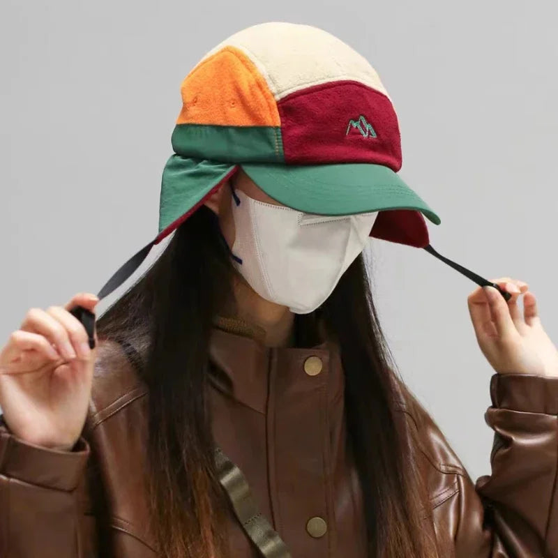 2023New Short Brim Color Matching Ear Protection Autumn Winter Men's Women's Baseball Cap Warm Outdoor Velvet Aviator Bucket Hat