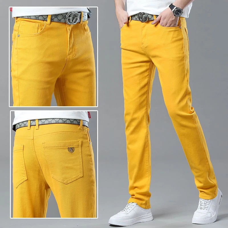Men's Casual Stretch Skinny Jeans New Elastic Yellow Pink Red Coffee Slim Male Clothing Solid Color Simple Business Denim Trouse