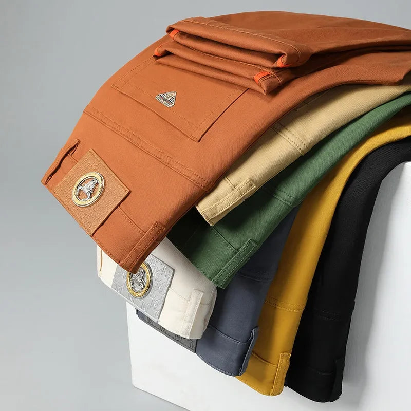 Orange Khaki Jeans for Men Spring and Summer Versatile Simple Classic Washed Stretch Slim Fit Ankle Tight Green Trousers