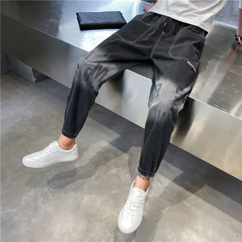 Harem Trousers with Print Black Graphic Jeans for Men Male Cowboy Pants Y2k Vintage Original Casual Cotton Y 2k Buggy Plus Size