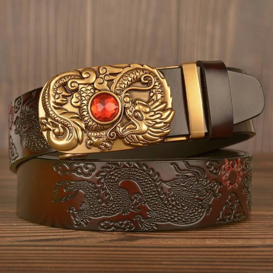 Men's Dragon Pattern Jewel Belt Coskin Leather Belt Men's Carved Dragon Pattern Automatic Buckle Belt Jeans New Designer Belt