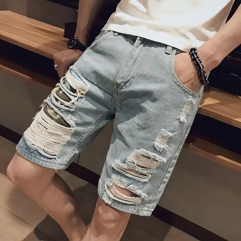 Man Denim Shorts with Text Straight Ripped Camouflage Short Jeans Pants for Men Original Thin Korean Fashion Cut Popular Summer