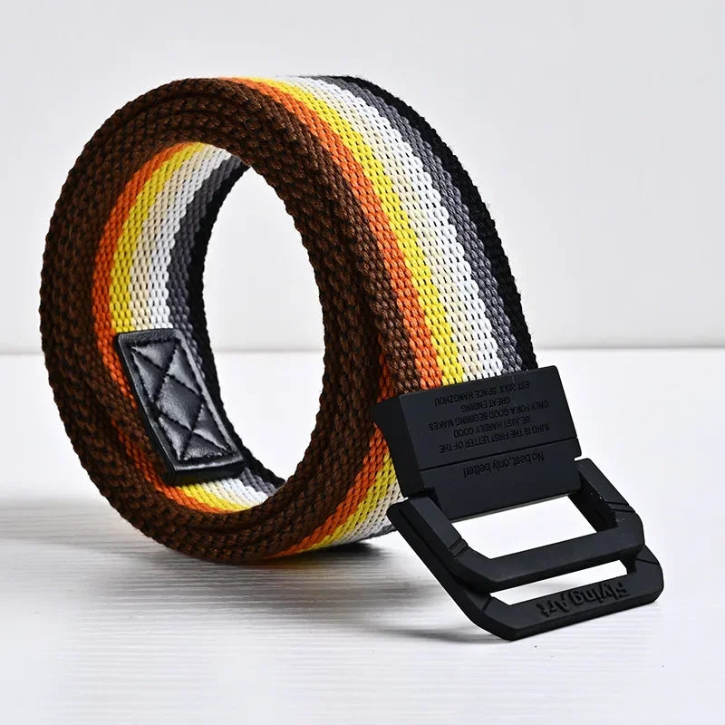 Unisex Canvas Belt Men Stripe Rainbow Metal Double Ring Buckle Jeans Student - Belt Designer Belt for Women